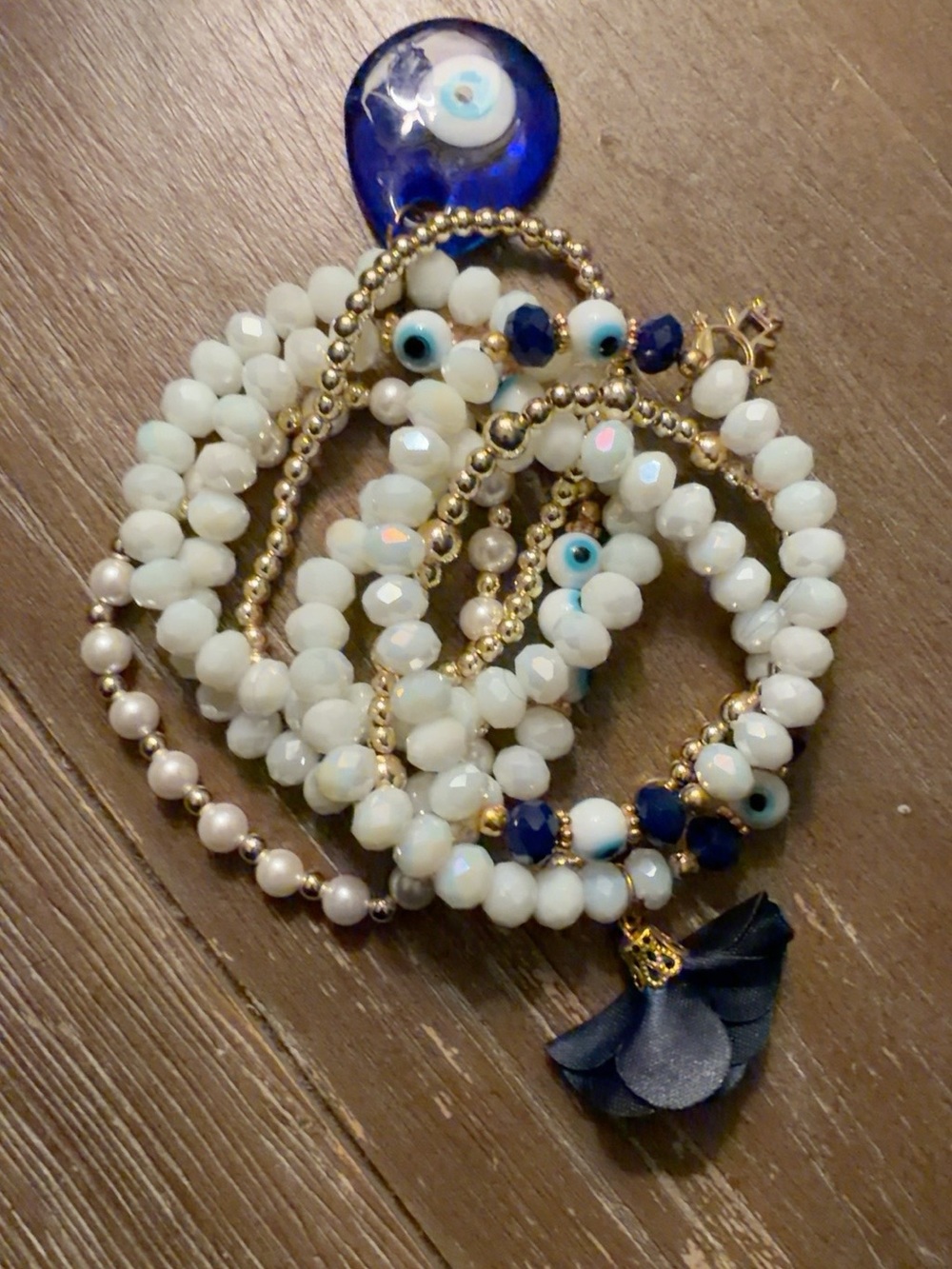 White and Blue Beaded Women’s Bracelet Stack with Gold Accents